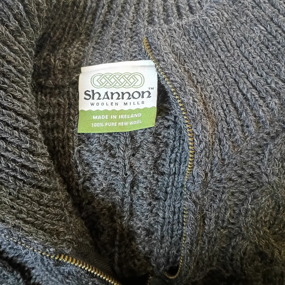 Shannon Woolen Mills Cable Knit 100% Wool Full Zipper Cardigan Fisherman Ireland